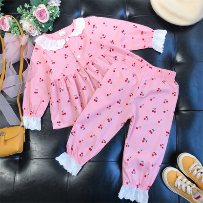 Kids Girls Summer Pajamas Children Sleepwear Baby Pajamas Sets Girls Flower Lace Cotton Nightwear Clothes Kids Clothing 2-7Y