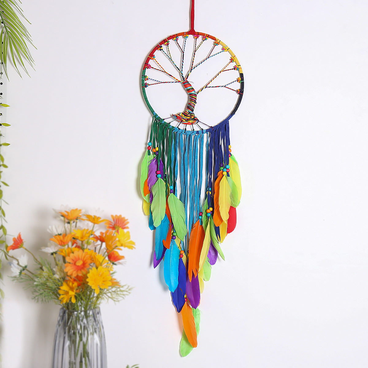 Colorful Bohemian Tapestry Home Decor Tree Of Life Hand Woven Colorful Cloth Feather Pendant