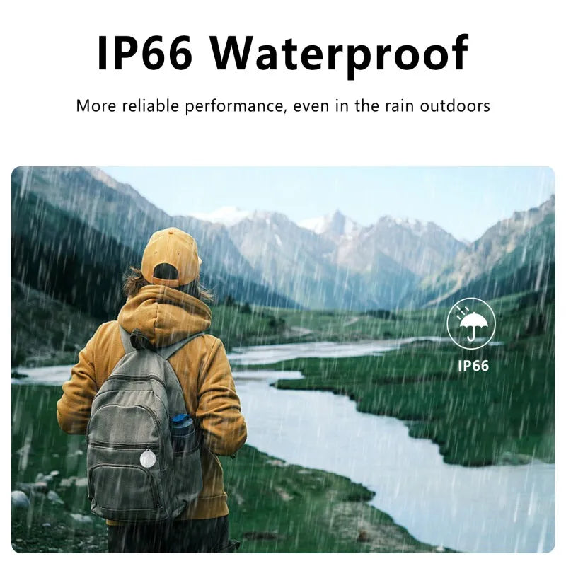 Waterproof GPS Smart Tracker demonstrating IP66 weather resistance in a rainy environment